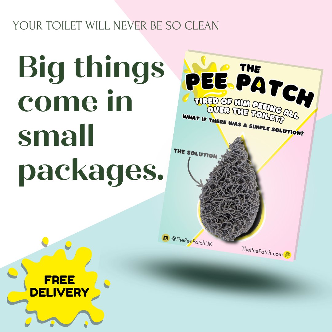 Close-up of the Pee Patch packaging, demonstrating its durable, mould-resistant surface designed to reduce splashback and mess.