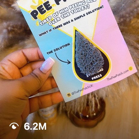 Hand holding a product packaging labeled 'The Pee Patch' with decorative background and the icon showing 6.2Million views.