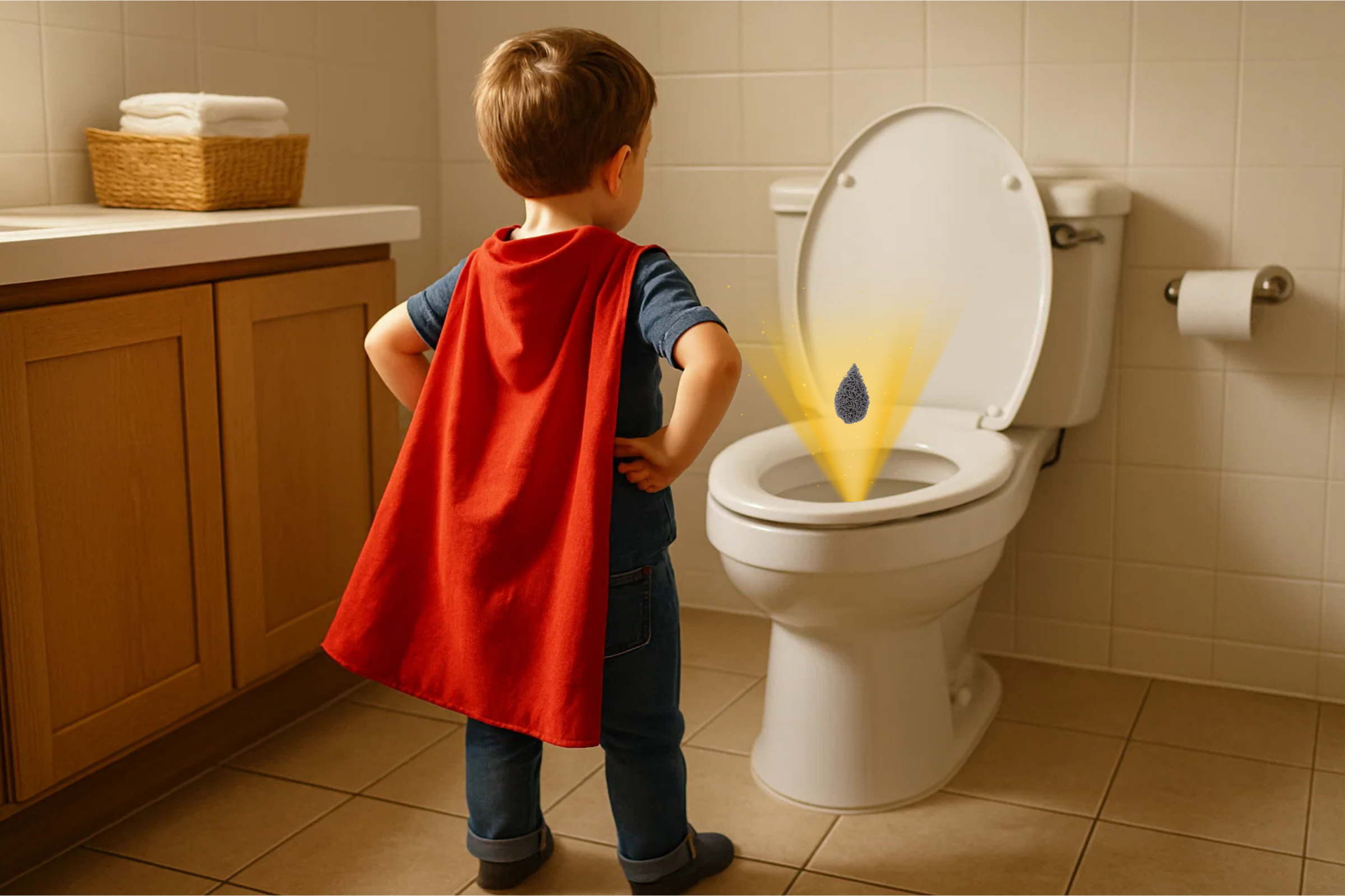 Super Boy and Droplet Pee Patch. a young boy aged 4 wearing a super heros red cape stands proud at the toilet as the pee patch floats in the toilet bowl. clean bathroom. toilet training aid. potty training advice.