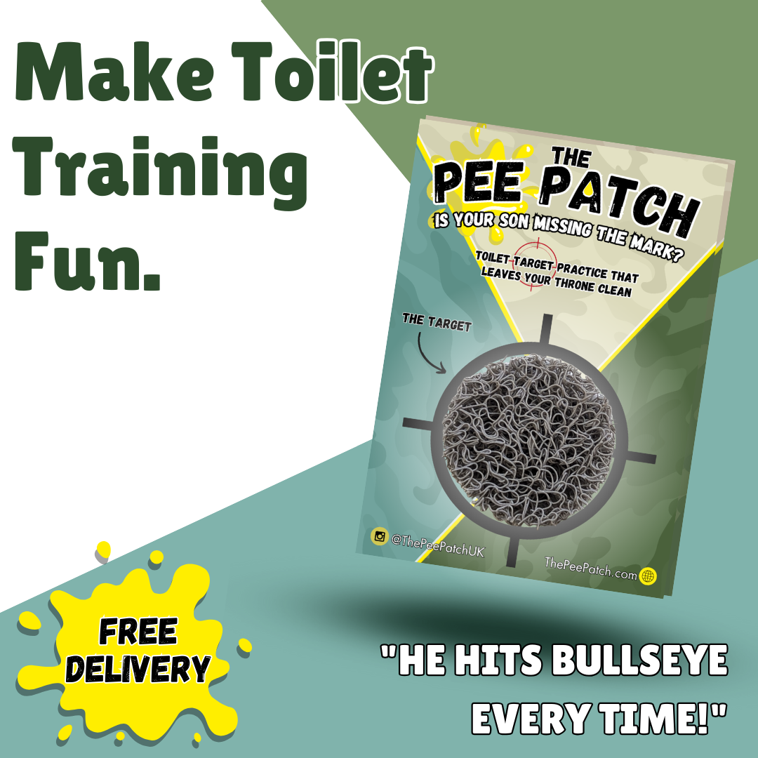 Close-up of the Pee Patch on its packaging, demonstrating its durable, mould-resistant surface designed to reduce splashback and mess.