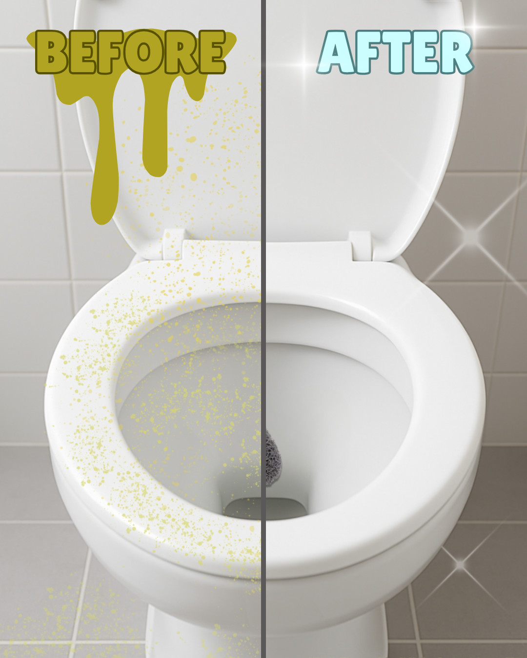 “Before and after toilet comparison showing The Pee Patch droplet reducing splashback and keeping the toilet clean. Anti-splash toilet training aid for boys to prevent mess and improve aim.”

