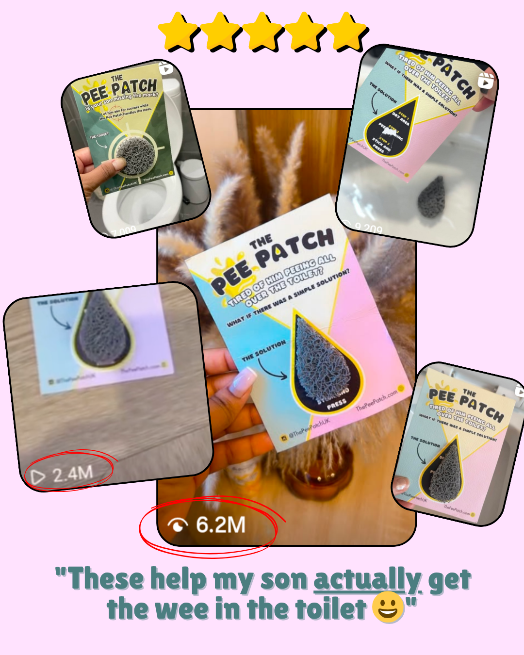 “Collage of The Pee Patch product photos and viral social media clips showing millions of views and positive customer reviews. Text reads: ‘These help my son actually get the wee in the toilet 😊’ — showcasing real parent satisfaction and proven results.”

