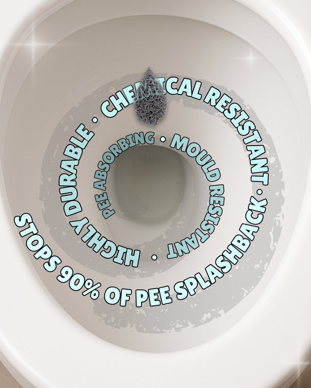 “Top-down view of a toilet bowl featuring The Pee Patch droplet target. Highlights its durability, chemical and mould resistance, and ability to stop 90% of pee splashback during toilet training for boys.”

