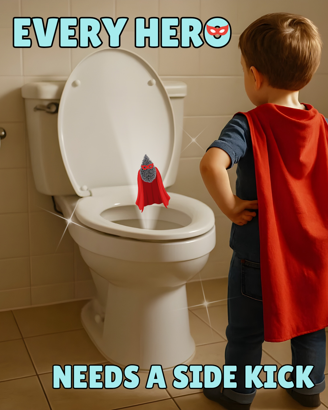 “Young boy wearing a red superhero cape stands proudly in front of a toilet featuring The Pee Patch droplet dressed as his sidekick. Text reads ‘Every hero needs a sidekick,’ symbolizing fun, mess-free toilet training for boys.”

