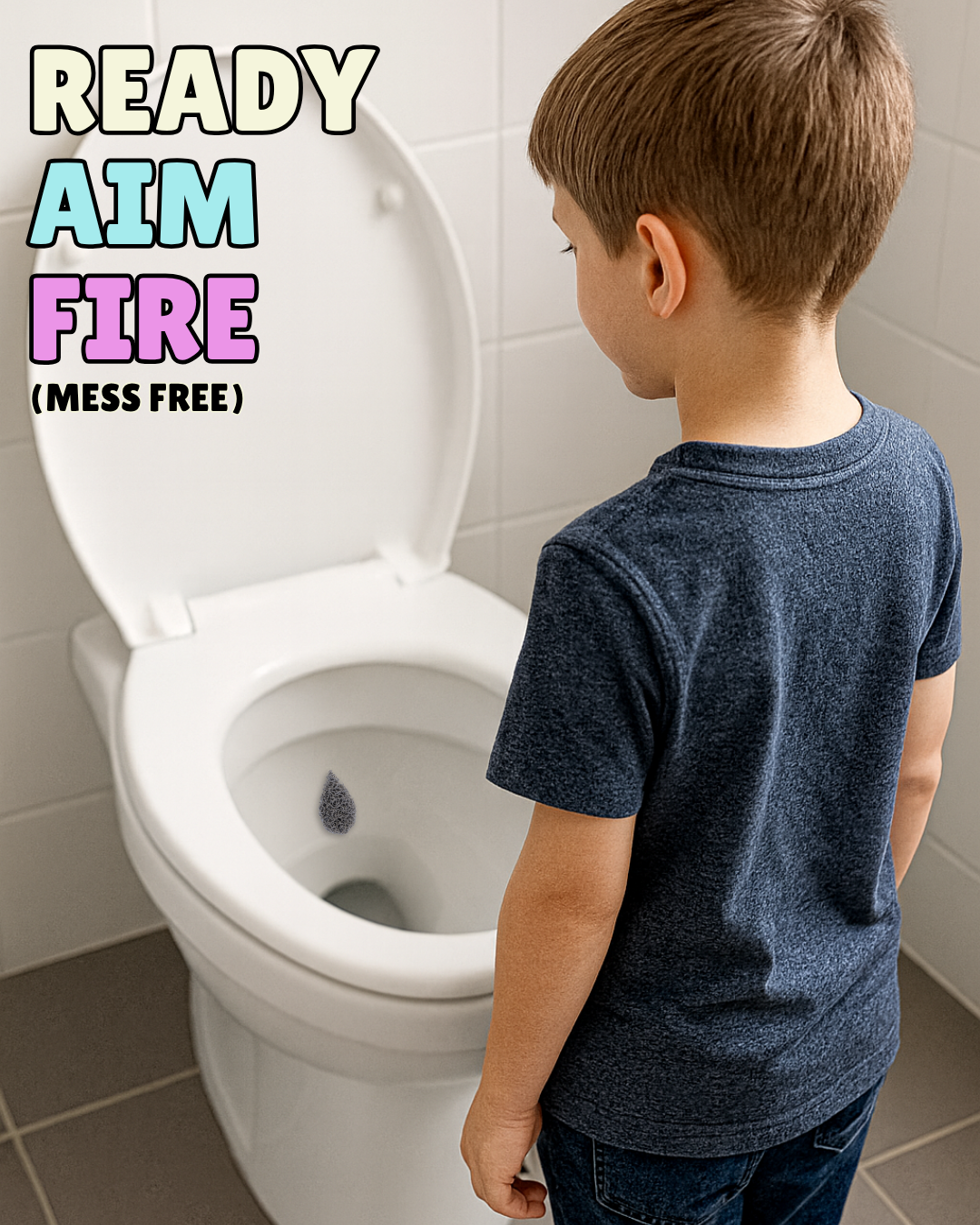 “Young boy toilet training using The Pee Patch droplet target inside a clean toilet bowl. Anti-splash toilet training aid for boys to improve aim and reduce bathroom mess.”