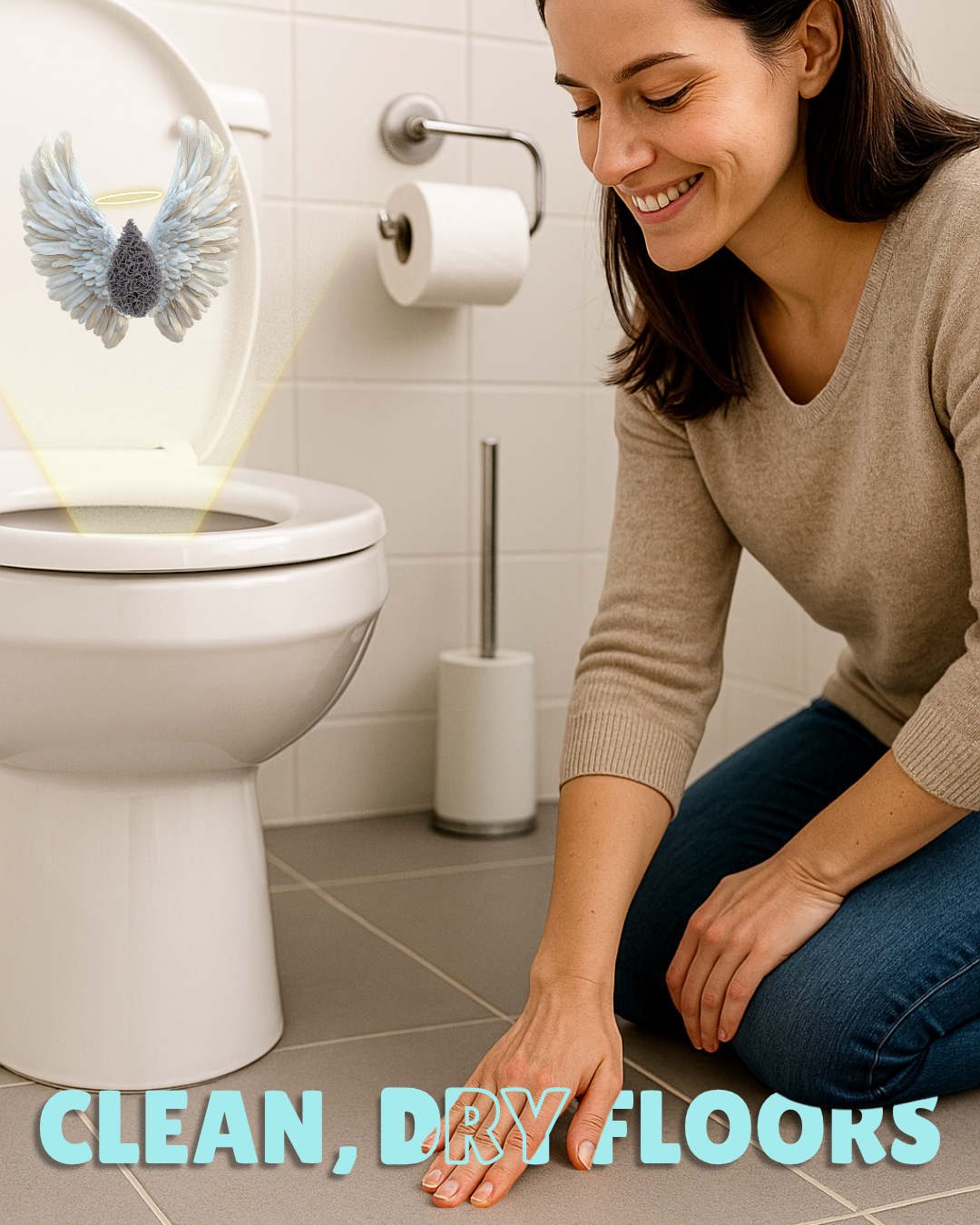 “Smiling mother kneeling beside a clean toilet, touching the dry bathroom floor. Above the toilet, The Pee Patch droplet is shown with angel wings and a halo, symbolizing its splash-free power and bathroom-saving magic.”

